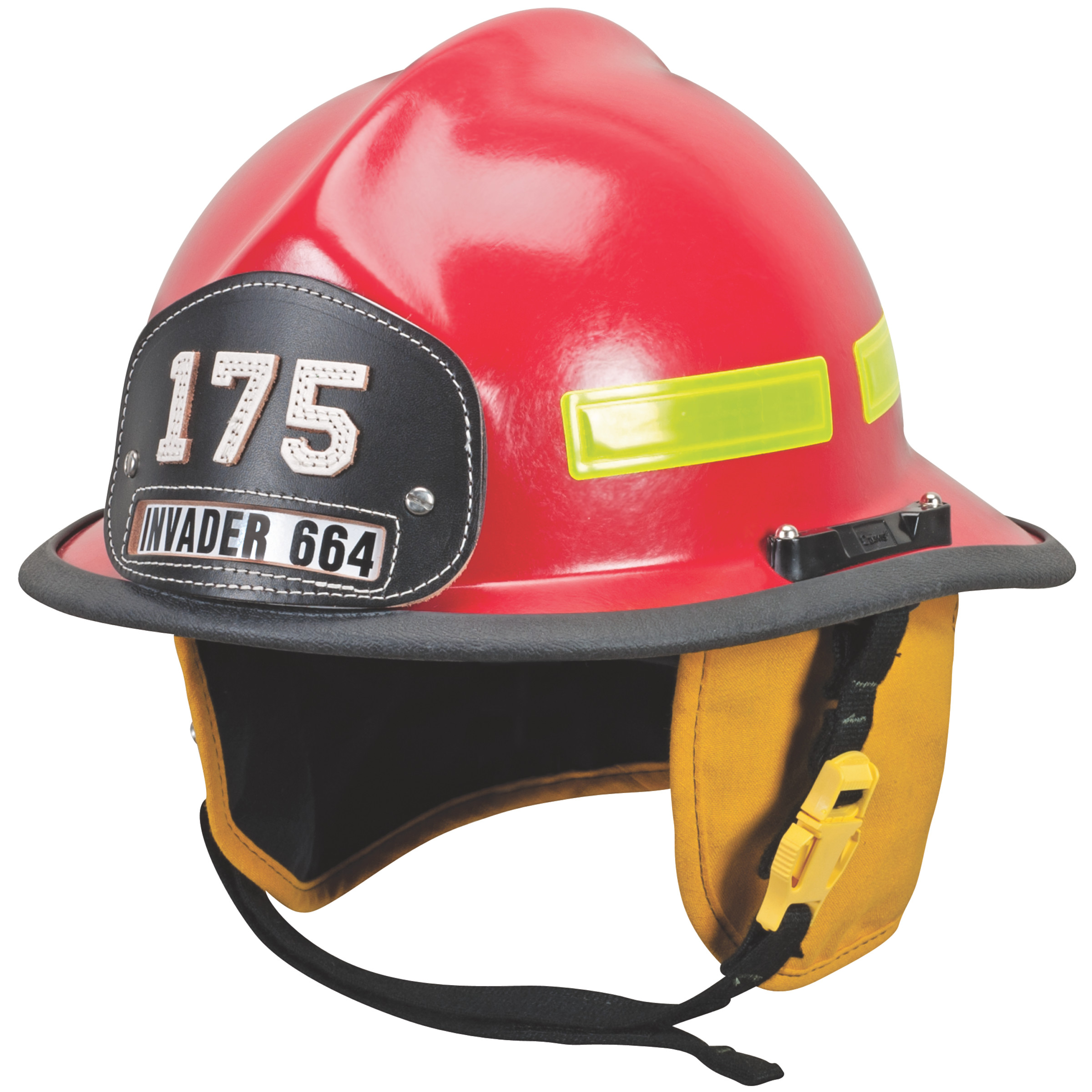 Cairns 664 w/ Defender, Red, Standard Flannel Liner, Nomex Earlap, Nomex Chinstrap w/ Quick Release & Postman Slide, Lime/Yellow Reflexite, Bar